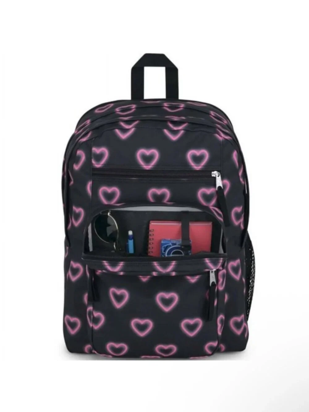 JanSport XL Big Student Happy Hearts Backpack Black Pink Hearts  15